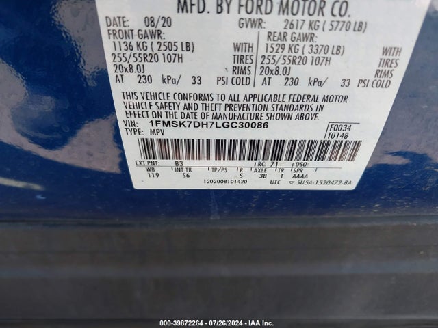 Ford EXPLORER XLT 2020 1FMSK7DH7LGC30086 Image 9