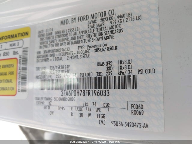 Ford FUSION SE 2015 3FA6P0H78FR196033 Image 9