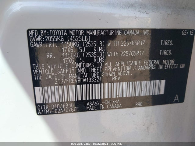 Toyota RAV4 LE 2015 2T3ZFREV8FW193324 Image 9