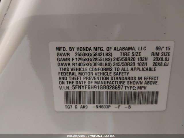 5FNYF6H91GB028697 Honda Pilot Touring