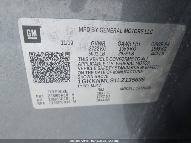 1GKKNMLS1LZ135636 GMC Acadia Fwd Slt