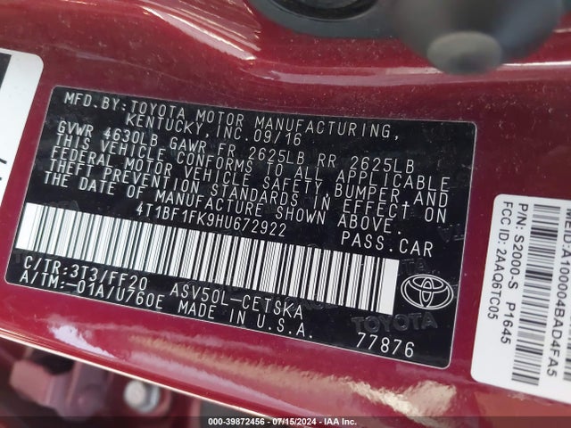 Toyota CAMRY SE 2017 4T1BF1FK9HU672922 Image 9