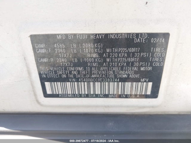4S4BRBCC0E3283744 Subaru Outback 2.5i Premium