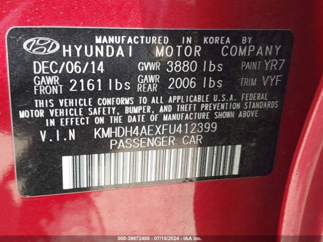 KMHDH4AEXFU412399 Hyundai ELANTRA SE