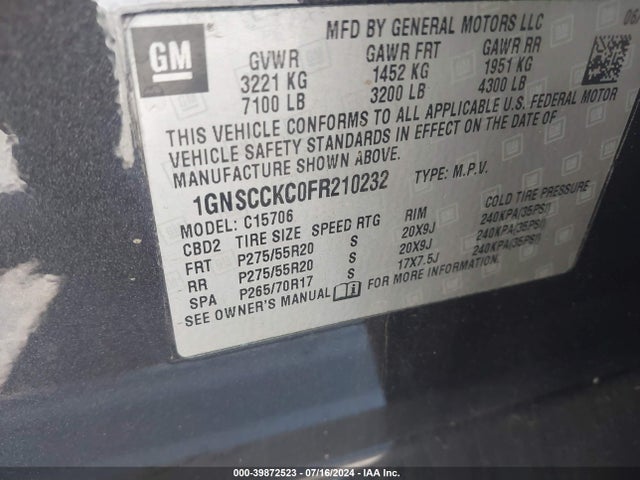 1GNSCCKC0FR210232 Chevrolet Tahoe Ltz