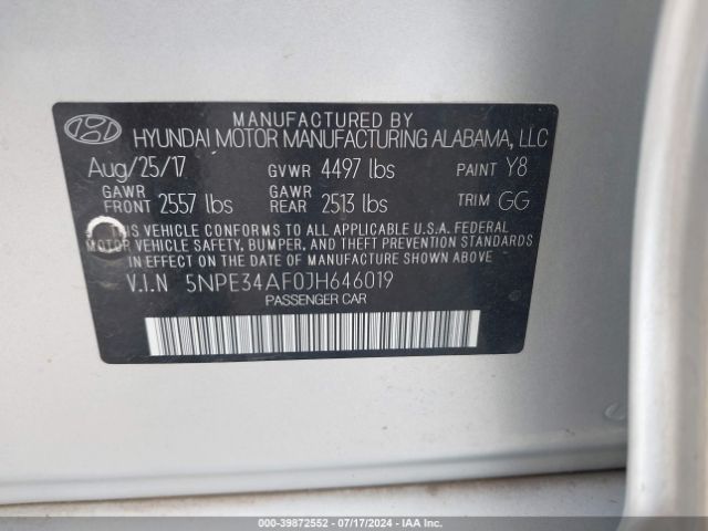 5NPE34AF0JH646019 Hyundai SONATA SEL