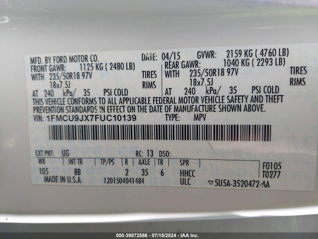 Ford Escape Titanium 2015 1FMCU9JX7FUC10139 Image 9
