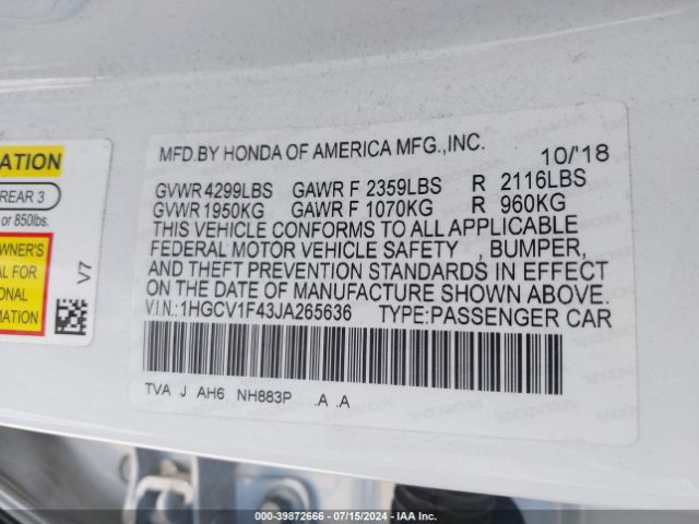 1HGCV1F43JA265636 Honda ACCORD EX