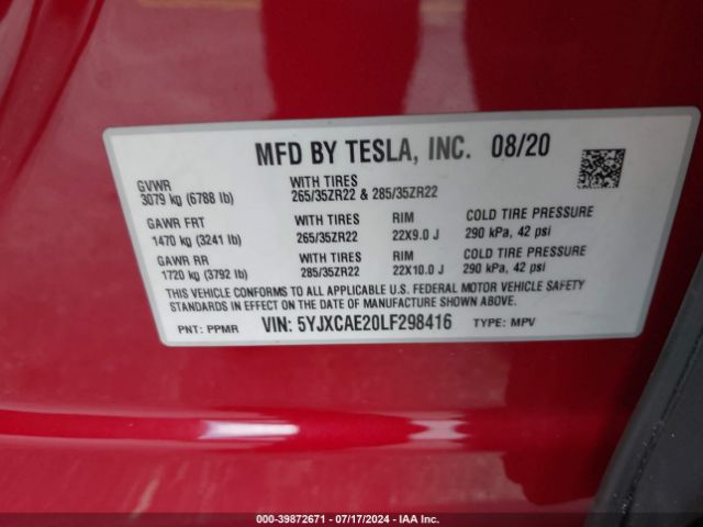 5YJXCAE20LF298416 Tesla Model X Long Range Dual Motor All-wheel Drive/long Range Plus Dual Motor All-wheel Drive