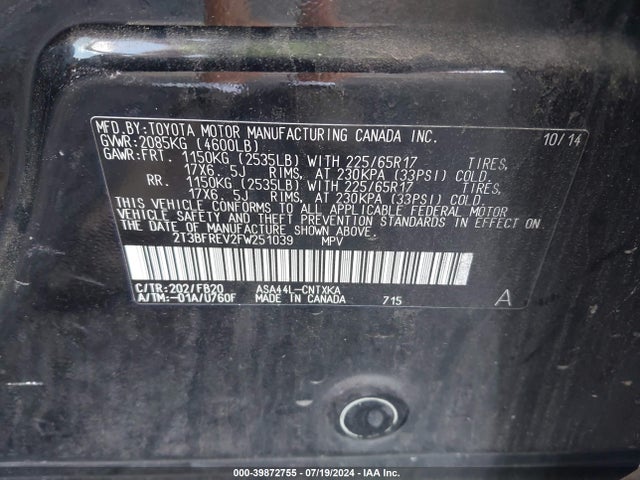 Toyota RAV4 LE 2015 2T3BFREV2FW251039 Image 9