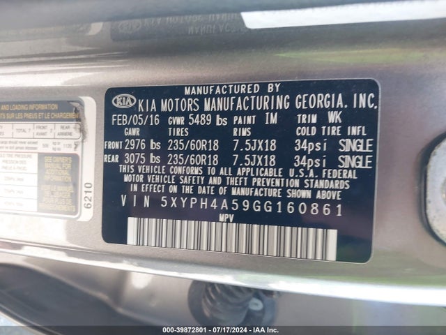 KIA Sorento 3.3l Ex 2016 5XYPH4A59GG160861 Image 9