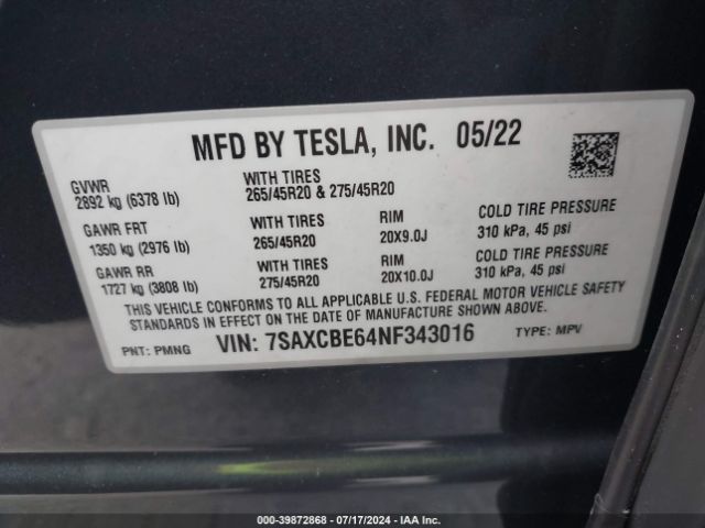 7SAXCBE64NF343016 Tesla Model X Plaid Tri Motor All-wheel Drive