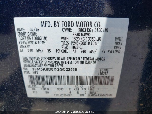 Ford EXPLORER XLT 2016 1FM5K8D8XGGC22539 Image 9