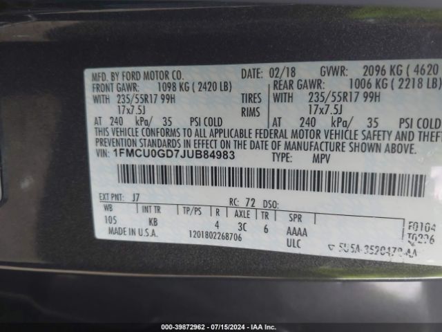 1FMCU0GD7JUB84983 Ford ESCAPE SE