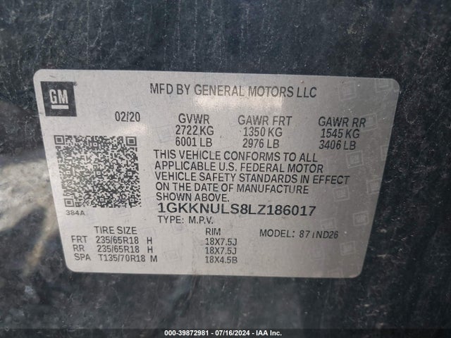 GMC Acadia Awd Slt 2020 1GKKNULS8LZ186017 Image 9
