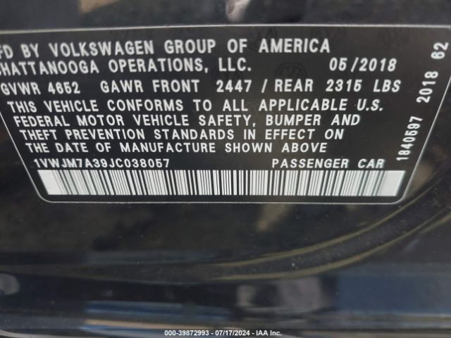 1VWJM7A39JC038057 Volkswagen Passat 3.6l V6 Gt