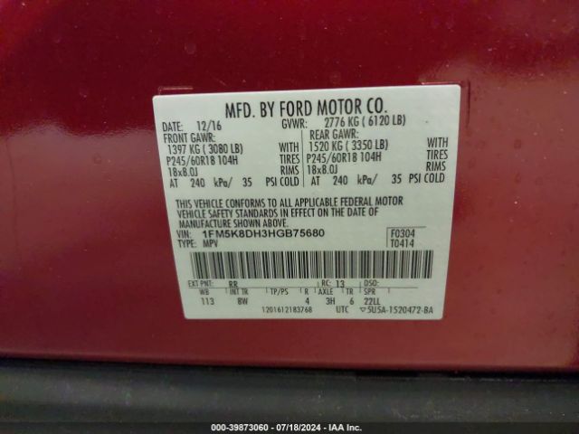 1FM5K8DH3HGB75680 Ford EXPLORER XLT