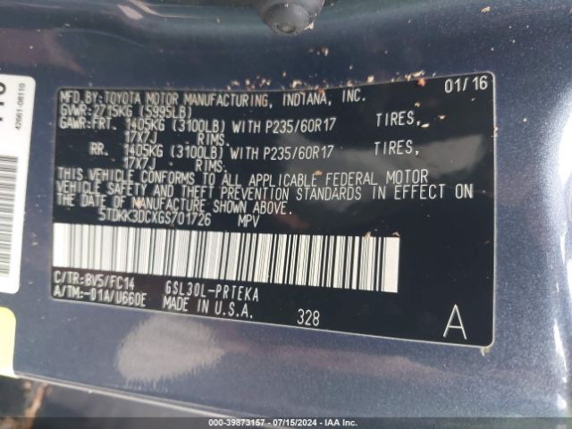 5TDKK3DCXGS701726 Toyota Sienna Le 8 Passenger