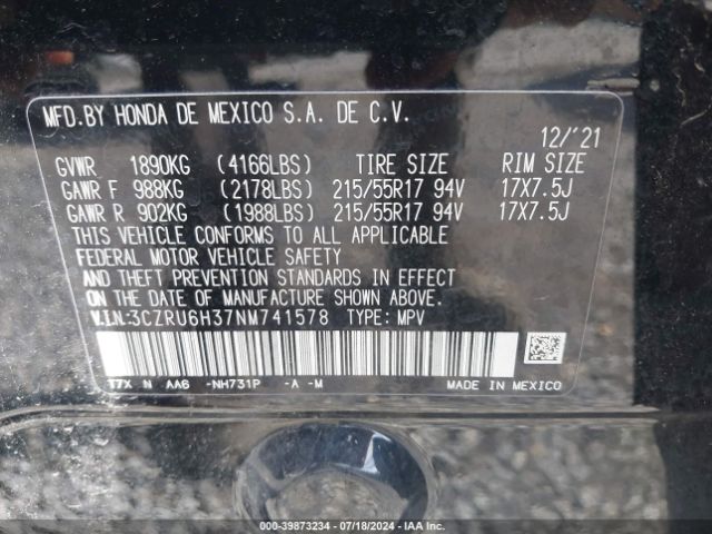 3CZRU6H37NM741578 Honda Hr-v Awd Lx