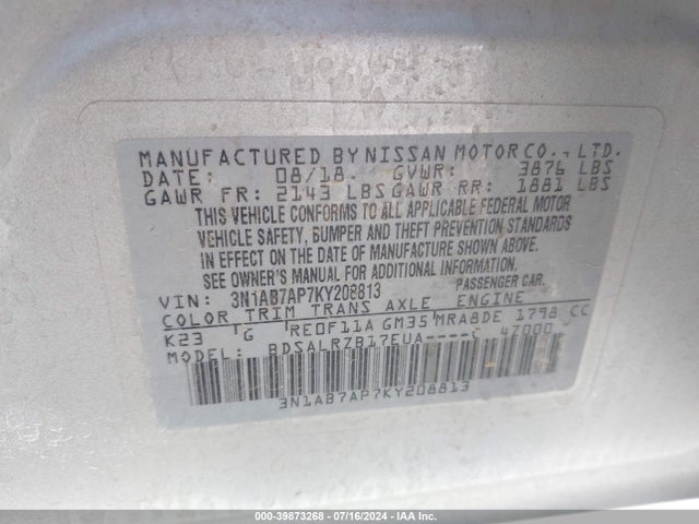 Nissan SENTRA SR 2019 3N1AB7AP7KY208813 Image 9