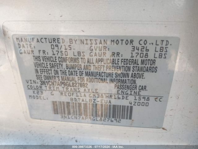 3N1CN7AP9GL827692 Nissan Versa 1.6 S/1.6 S+/1.6 Sl/1.6 Sv