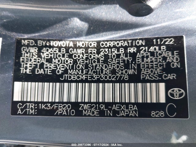 JTDBCMFE3P3002778 Toyota Corolla Hybrid Le
