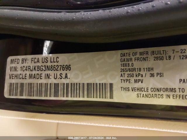 1C4RJKBG3N8627696 Jeep Grand Cherokee L Limited 4x4