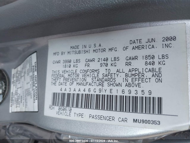 2000 MITSUBISHI GALANT 4A3AA46G9YE169359 Photo 8