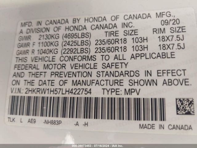 2HKRW1H57LH422754 Honda Cr-v 2wd Ex