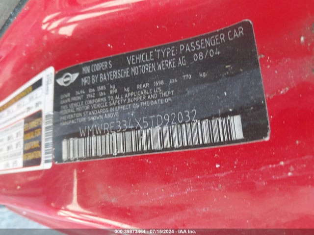 2005 MINI COOPER S WMWRE334X5TD92032 Photo 8