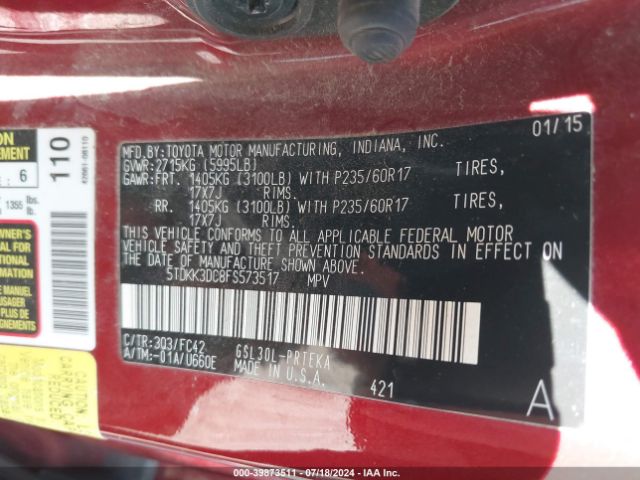 5TDKK3DC8FS573517 Toyota Sienna Le 8 Passenger