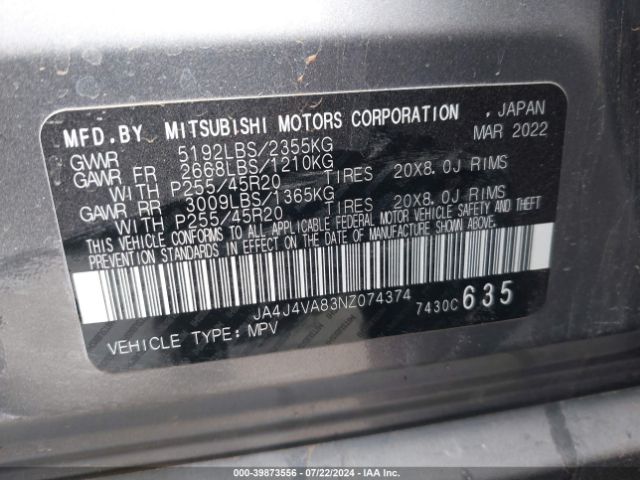 2022 MITSUBISHI OUTLANDER JA4J4VA83NZ074374 Photo 8