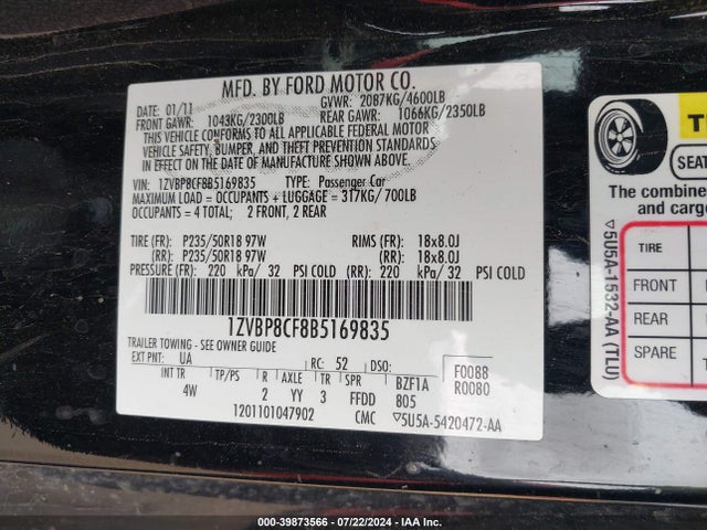Продажа на аукционе авто 2011 Ford Mustang Gt Premium, vin: 1ZVBP8CF8B5169835, номер лота: 39873566