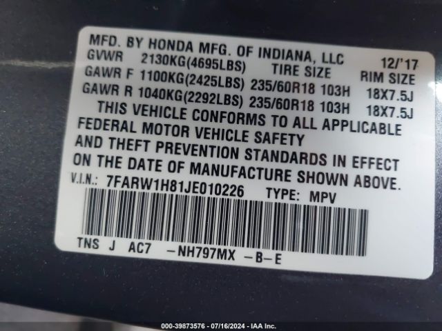 7FARW1H81JE010226 Honda Cr-v Ex-l/ex-l Navi