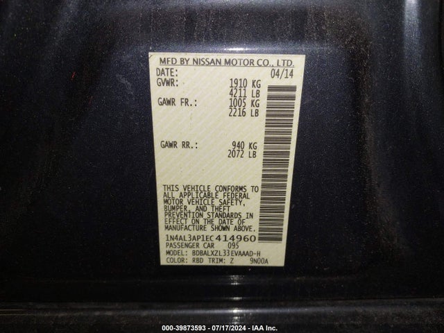 Nissan Altima 2.5 Sl 2014 1N4AL3AP1EC414960 Image 9