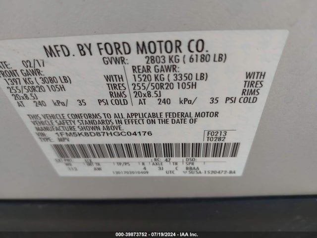 Ford EXPLORER XLT 2017 1FM5K8D87HGC04176 Image 9