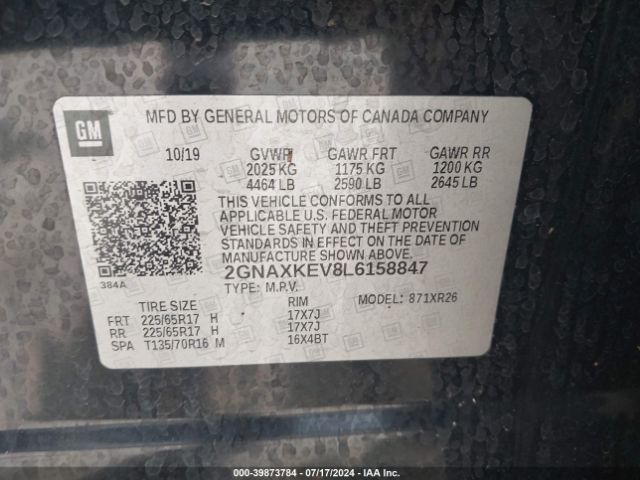 2GNAXKEV8L6158847 Chevrolet Equinox Fwd Lt 1.5l Turbo