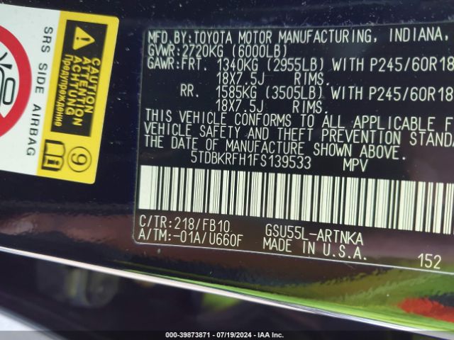 5TDBKRFH1FS139533 Toyota Highlander Le V6