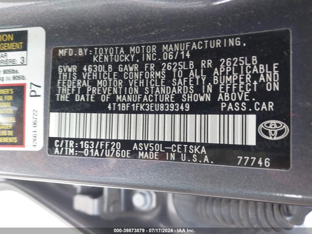 Toyota CAMRY SE 2014 4T1BF1FK3EU839349 Image 9