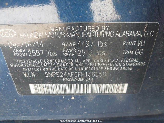Hyundai SONATA SE 2015 5NPE24AF6FH156856 Image 9