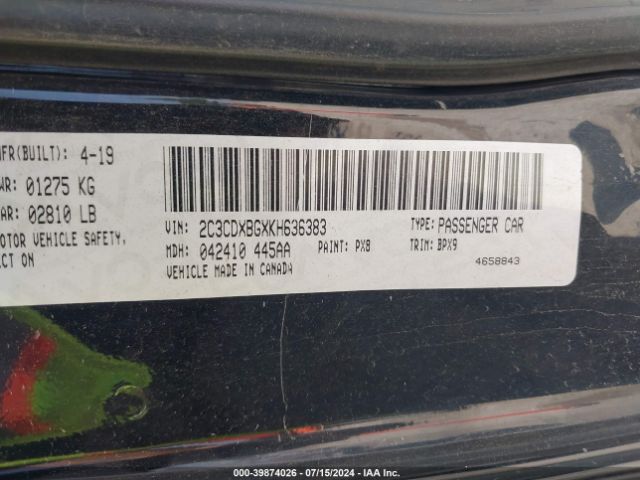 2C3CDXBGXKH636383 Dodge Charger Sxt Rwd