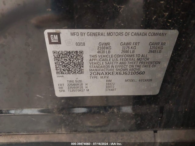 Chevrolet EQUINOX LT 2018 2GNAXKEX6J6310560 Image 9