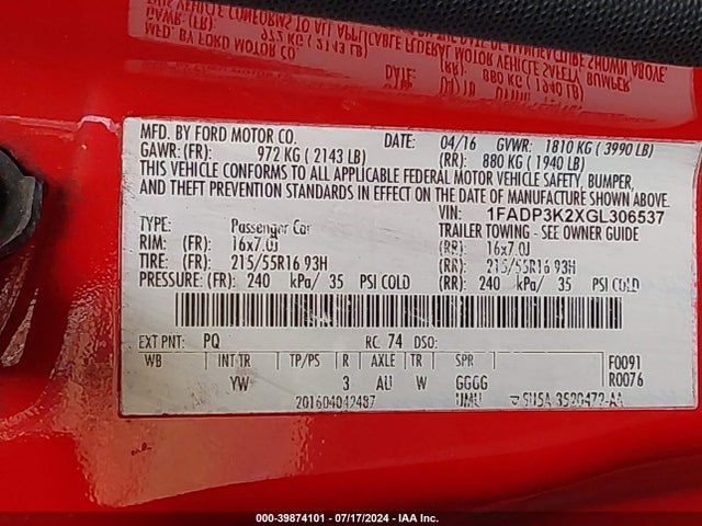 2016 Ford Focus Se მანქანა იყიდება აუქციონზე, vin: 1FADP3K2XGL306537, აუქციონის ნომერი: 39874101