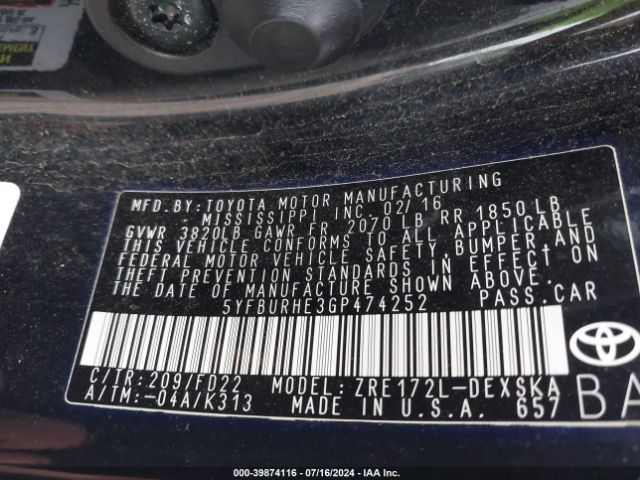 5YFBURHE3GP474252 Toyota Corolla S Plus