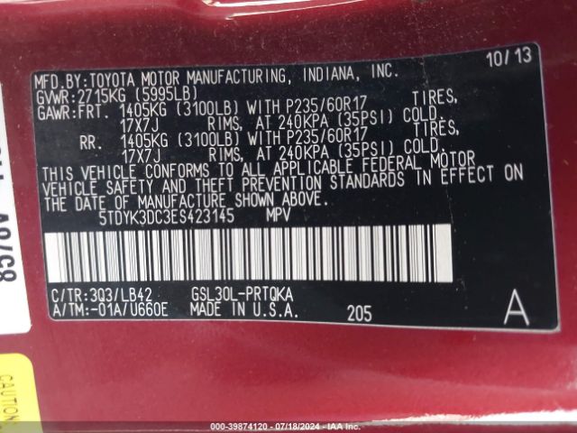 5TDYK3DC3ES423145 Toyota Sienna Xle V6 8 Passenger