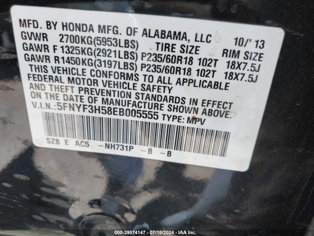 Honda Pilot Ex-l 2014 5FNYF3H58EB005555 Image 9