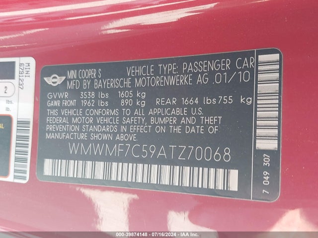 2010 MINI COOPER S WMWMF7C59ATZ70068 Photo 8
