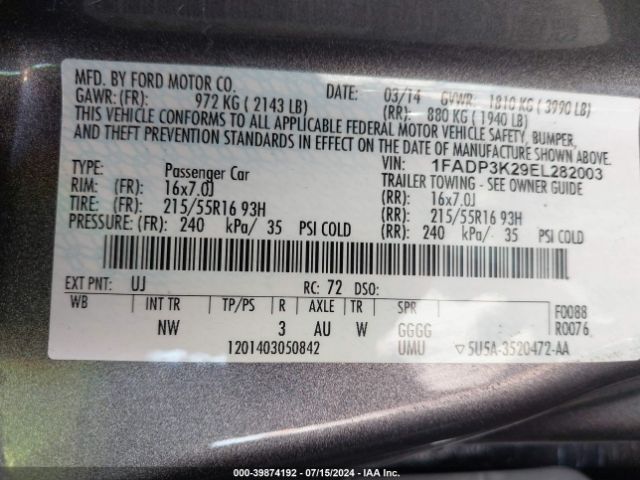 1FADP3K29EL282003 Ford FOCUS SE