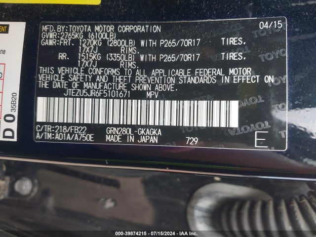 Toyota 4RUNNER SR5 2015 JTEZU5JR6F5101671 Image 9