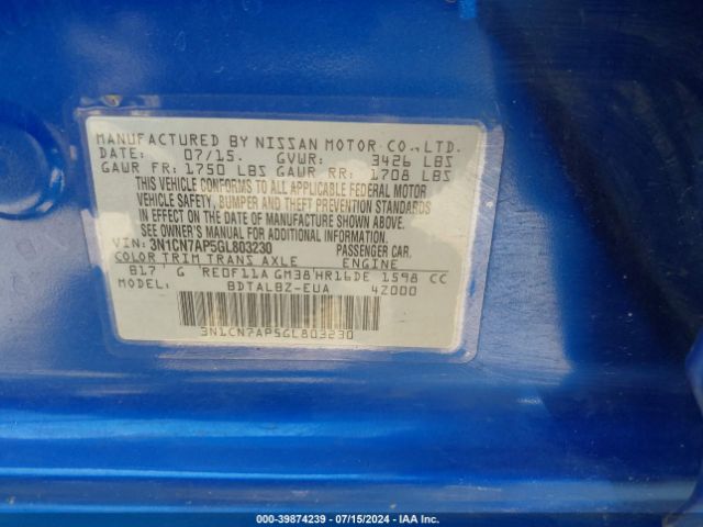 3N1CN7AP5GL803230 Nissan Versa 1.6 S/1.6 S+/1.6 Sl/1.6 Sv